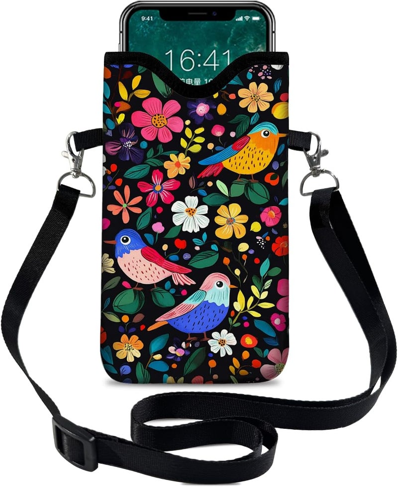 otilil Neoprene Cell Phone Sleeve Pouch Case Bag with Crossbody Strap Neck Lanyard for Women 7.1 X 3.9 in Flower Bird Pattern - Image 1